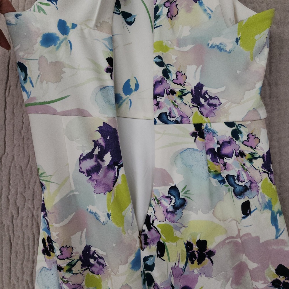 Donna Karan Dress 6 Midi Fit Flare Floral White Purple Watercolor Swing Spring - Picture 12 of 13